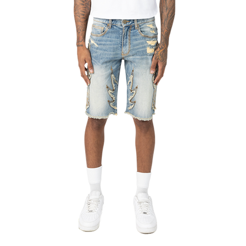 12" Distressed Denim Shorts with Floral Patch - Light Wash