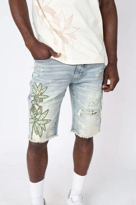 12" Distressed Denim Shorts with Floral Patch - Light Wash